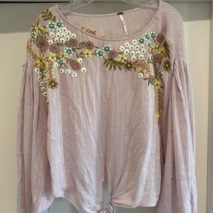Free People Up and Away Embroidered Floral Blouse Lavender Sz XS